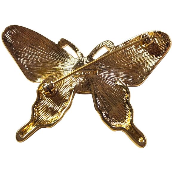 Monet Gold-Tone Enamel Butterfly Brooch Pin Amber Cabochon Moth Figural 90s Vtg - Picture 5 of 7